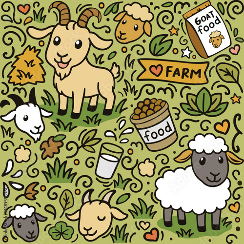 The seamless pattern of sheep and goat as pet ornament and doodle art, showing farm and many doodle ornament which is everything loved by sheep and goat as a pet. This pattern can be use on fabric 