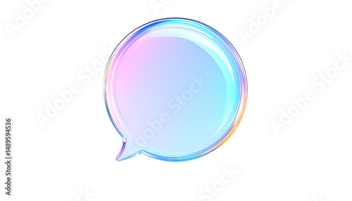 Glossy, iridescent speech bubble with gradient of blue, pink, and purple hues, symbolizing communication and conversation. bubble shiny surface gives it modern and digital feel