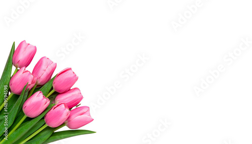 Pink tulips with green leaves are arranged on transparency background, creating fresh and vibrant floral display. delicate petals and lush foliage evoke sense of springtime beauty