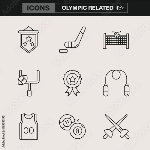 Olympic Sports Icon Set Featuring Line Art Symbols of Various Athletic Events, Equipment, and Essential Elements for Professional and Promotional Use
