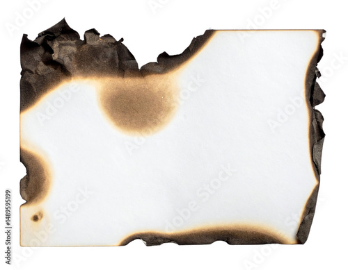 Piece of paper with burnt edges and scorch marks creates dramatic and distressed appearance, evoking sense of history or destruction