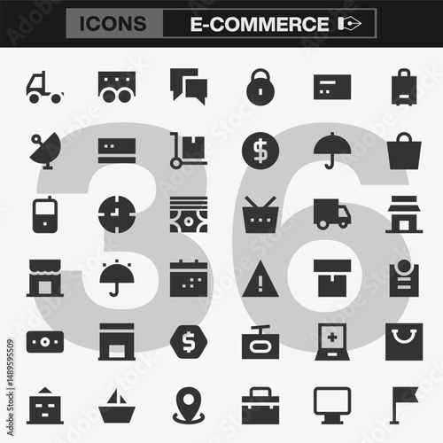 E Commerce Icon Set Featuring 36 Monochromatic Line Art Symbols Representing Shopping, Delivery, Payment, Security, and Online Retail Essentials for Digital and Print Design