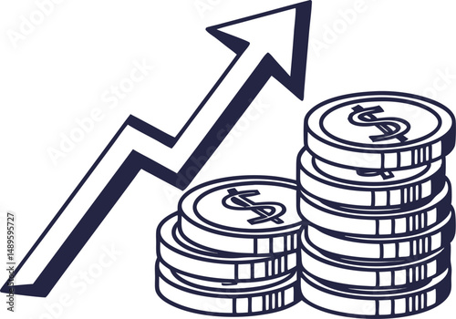 "Stylized icon of a coin stack with an upward arrow for financial growth"

