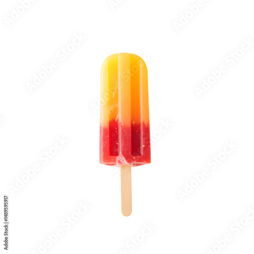 Vibrant Fruit Flavored Ice Pop on a Stick, A Refreshing Treat with Yellow and Red Hues Against a Plain Backdrop