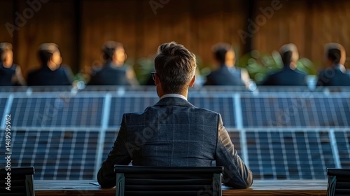 Businessman providing a consultation on solar panels for a team of coworkers or customers during a meeting in the office.