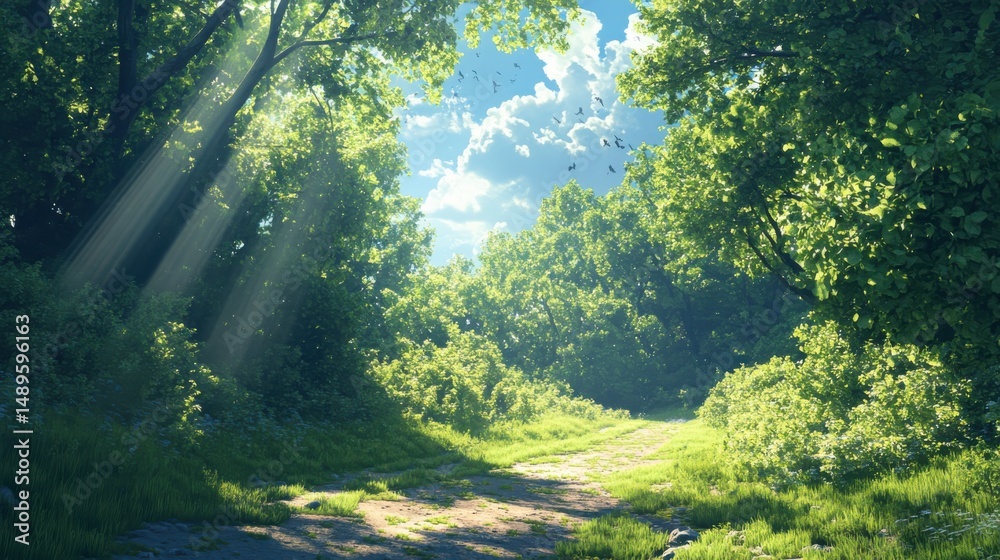 Fototapeta premium Exploring a tranquil forest path nature scene lush environment serene viewpoint beautiful day