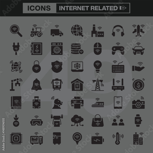 Internet Technology Icon Set Featuring Line Art Symbols Representing Connectivity, Security, Cloud Computing, Smart Devices, Digital Communication, and Web-Based Services