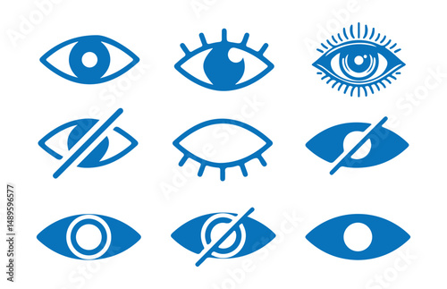 Blue See and unsee eye icon. Eyesight symbol. Retina scan eye signs. Show password and hide password. Privacy and block flat or line vector collection. vector eps 10