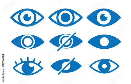 Blue See and unsee eye icon. Eyesight symbol. Retina scan eye signs. Show password and hide password. Privacy and block flat or line vector collection. vector eps 10