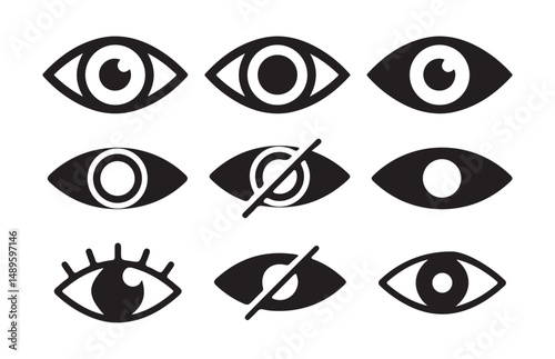 Black See and unsee eye icon. Eyesight symbol. Show password and Hide password. Retina scan eye signs. Privacy and block flat or line vector collection