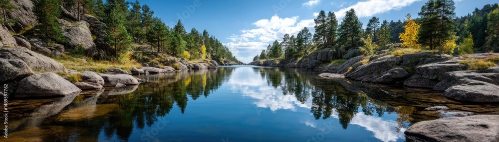Obraz premium Scenic view of lake in pine forest with reservoir and sky concept. Serene lake reflecting lush trees under a clear blue sky.