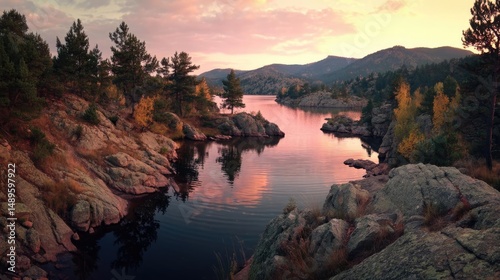Scenic view of lake in pine forest with reservoir and sky concept. Stunning sunset over a tranquil river and rocky terrain.