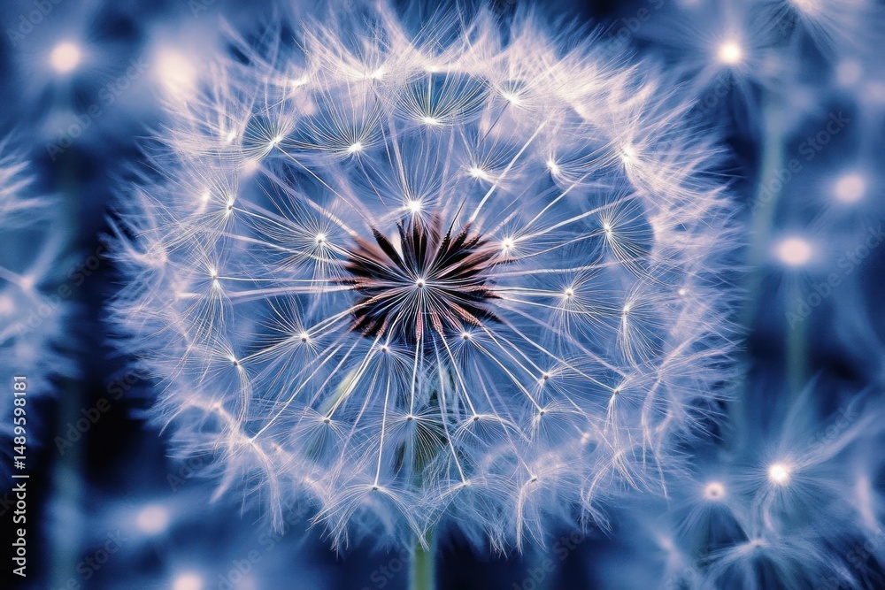 Obraz premium Close-up of a glowing dandelion seed head with delicate white seeds radiating in a soft blue light creating an ethereal and tranquil atmosphere