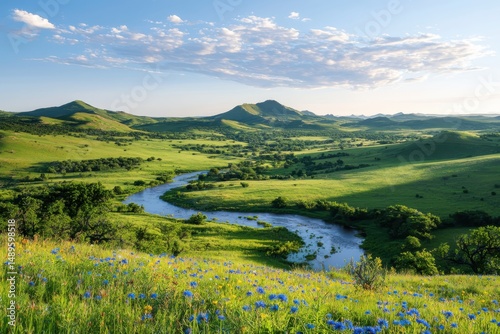 Serene river flowing through lush green valley nature landscape photography early morning vibrant blue flowers