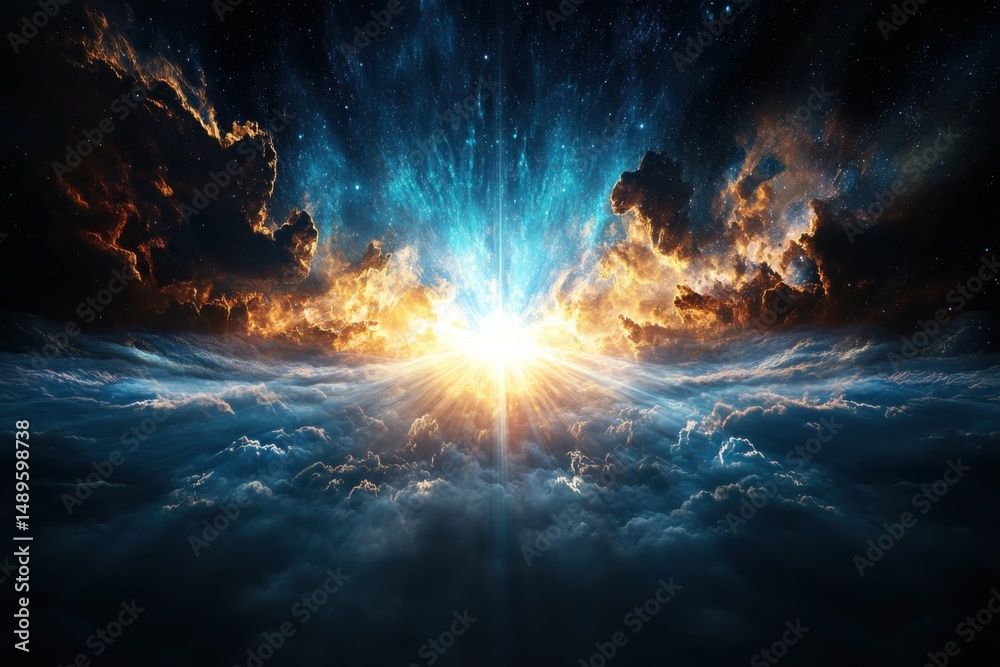 Fototapeta premium Celestial sunrise over clouds abstract sky digital art ethereal atmosphere wide angle cosmic beauty