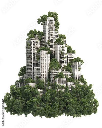 Overgrown Cityscape: Lush Vegetation Reclaiming Urban Towers, PNG