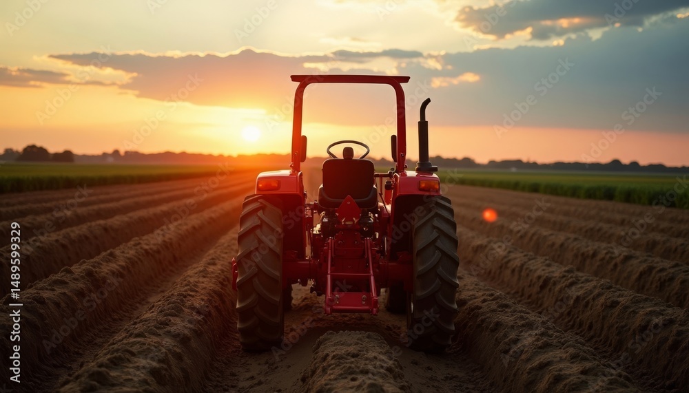 Fototapeta premium Tractor on Farm Field at Sunset