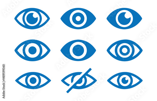 Blue See and unsee eye icon. Eyesight symbol. Retina scan eye signs. Show password and hide password. Privacy and block flat or line vector collection. vector eps 10