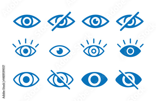 Blue See and unsee eye icon. Eyesight symbol. Retina scan eye signs. Show password and hide password. Privacy and block flat or line vector collection. vector eps 10