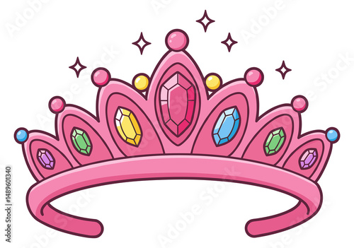 Cute cartoon isolated pink princess tiara with sparkling gemstones