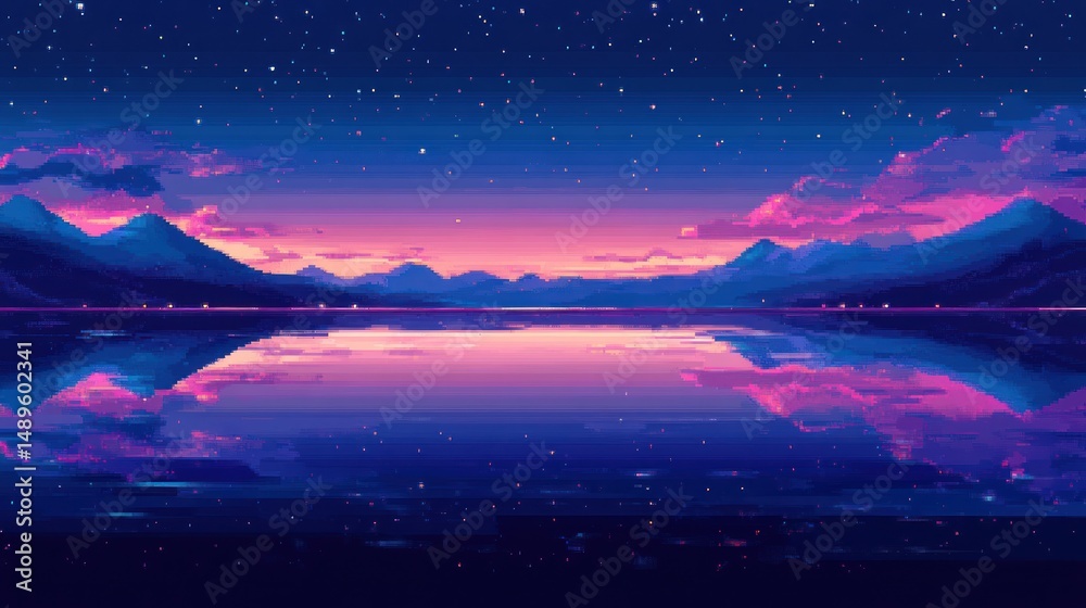 Fototapeta premium Pixelated Mountain Lake Sunset Reflection
