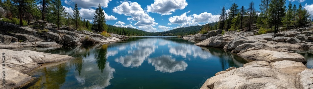Fototapeta premium Scenic view of lake in pine forest with reservoir and sky concept. Scenic lake reflection with blue sky and rocky shoreline.