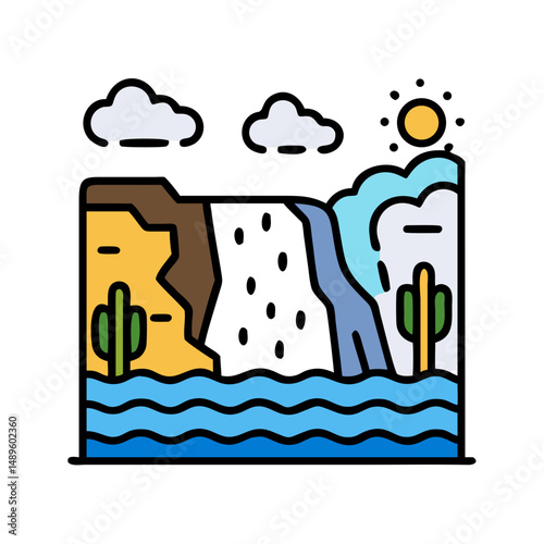  Waterfall Icon – Nature Stream, River Flow, Mountain Water Symbol