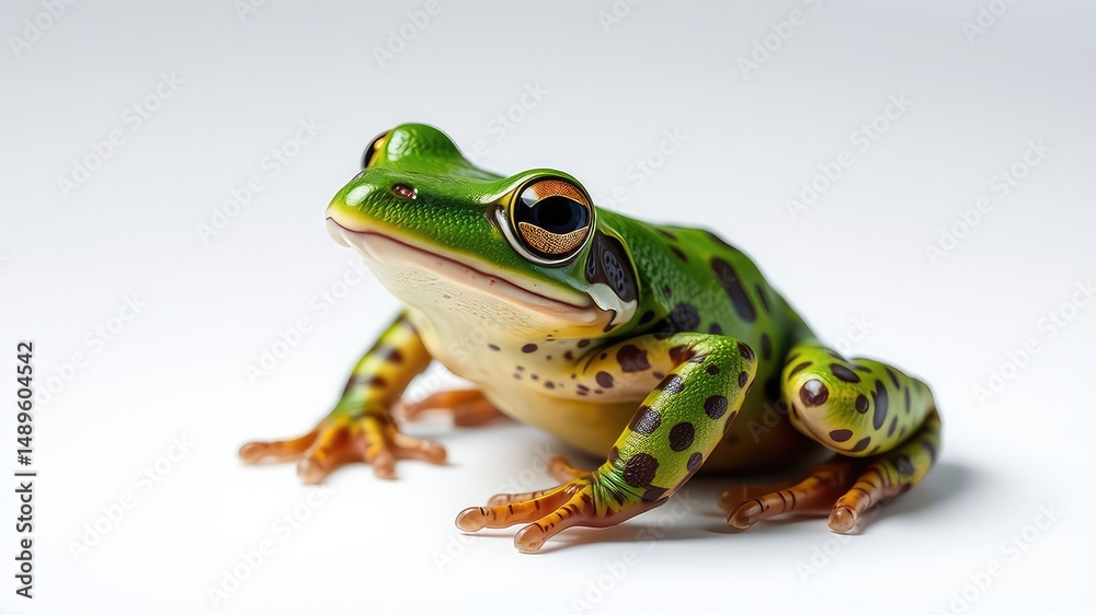 Naklejka premium Vibrant Green Frog with Dark Spots on White Background