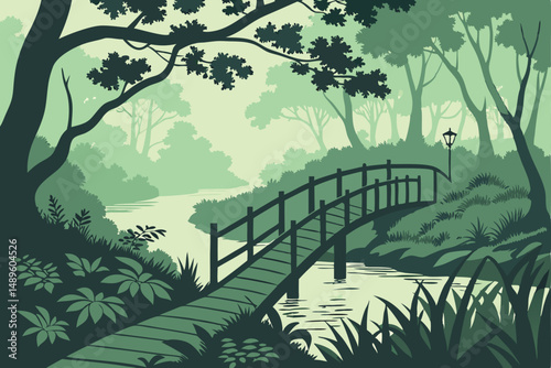 109 lush green forest landscape, wooden walkway bridge, overgrown foliage, mystical atmosphere, serene pond, tranquil scene, natural lighting, detailed textures, cinematic composition