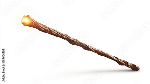 A wooden magic wand glows with an orange-yellow light at its top.  The wand is long and has a twisted, gnarled texture