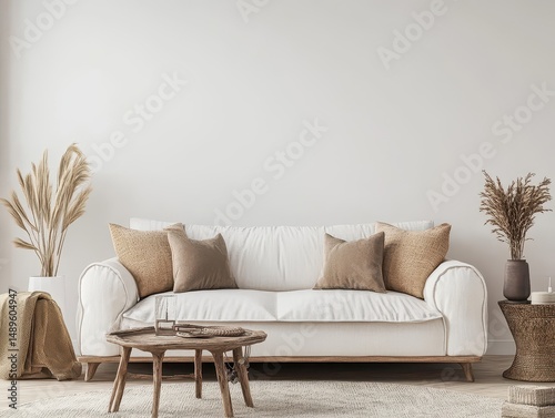 A minimalistic living room featuring white sofa furniture and decorations photo