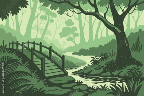 109 lush green forest landscape, wooden walkway bridge, overgrown foliage, mystical atmosphere, serene pond, tranquil scene, natural lighting, detailed textures, cinematic composition