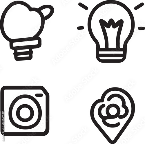 Light bulbs set vector idea simple linear icon, science and business line art symbol, creative solutions.