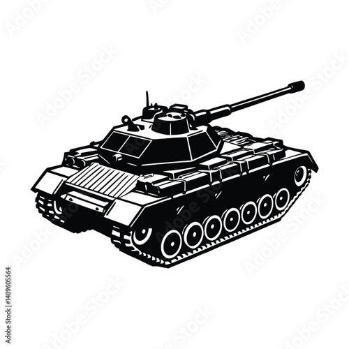 A green Soviet T-34 tank, an old and heavy armored fighting vehicle with a powerful gun, stands isolated as a silhouette of WW2 artillery