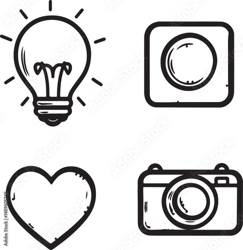 Handdrawn sketch arrows in the shape of light bulb heart speaker camera illustration