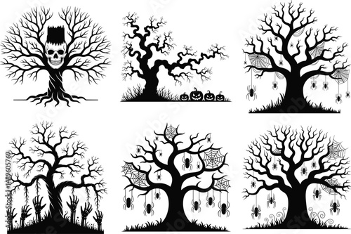 Spooky Halloween Tree Silhouette clipart SVG Bundle – Perfect for Halloween Night Scenes. Creepy Tree, Twisted Halloween Tree, Dead Tree, Haunted Tree, Halloween Forest, Gothic Tree, Dark Forest Tree.