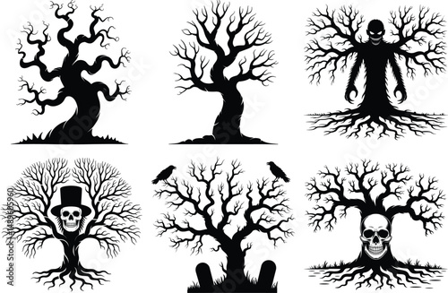 Spooky Halloween Tree Silhouette clipart SVG Bundle – Perfect for Halloween Night Scenes. Creepy Tree, Twisted Halloween Tree, Dead Tree, Haunted Tree, Halloween Forest, Gothic Tree, Dark Forest Tree.