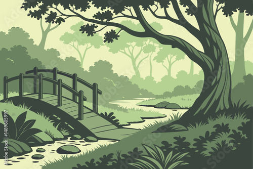 109 lush green forest landscape, wooden walkway bridge, overgrown foliage, mystical atmosphere, serene pond, tranquil scene, natural lighting, detailed textures, cinematic composition