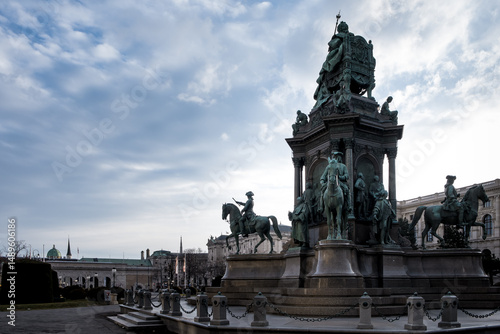 Photography Vienna, Austria – View of Empress Maria Theresa Monument at Maria-Theresien-Platz, the majestic 19th-century memorial framed by twin museums in perfect symmetry
