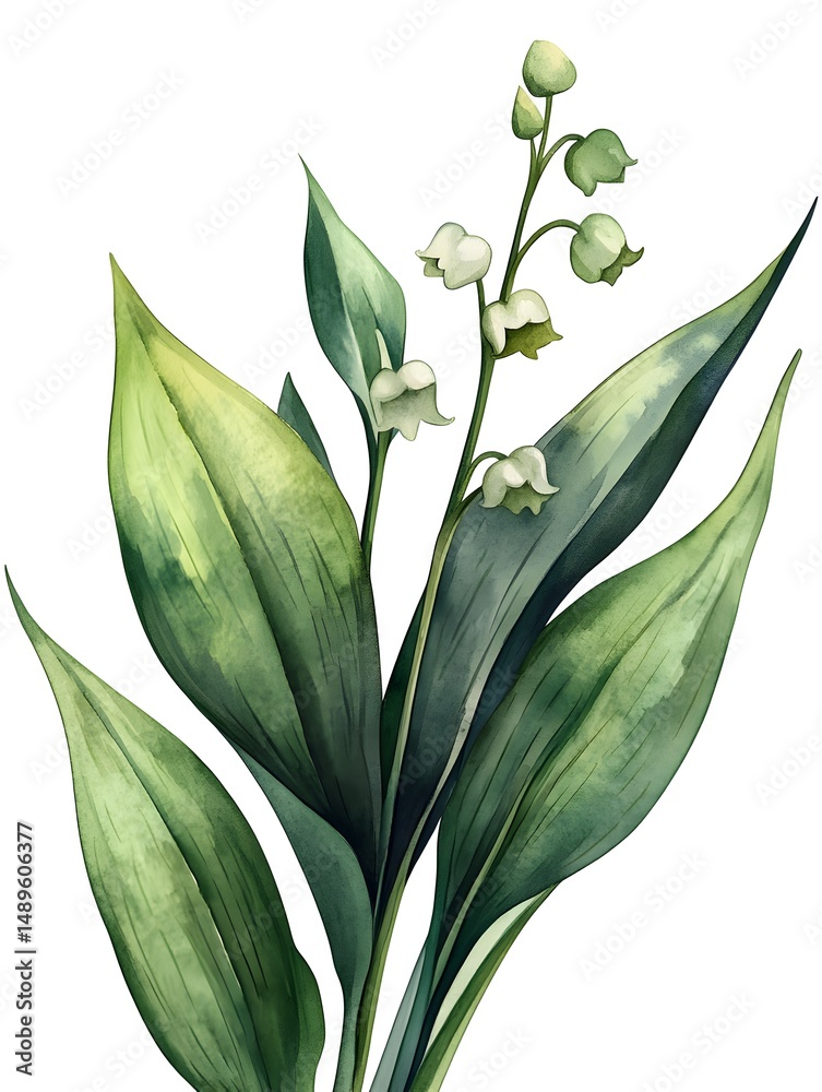 Obraz premium A delicate watercolor painting showcases a lush sprig of lily of the valley flowers and vibrant green leaves against a pure white background.