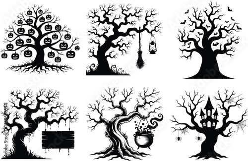 Spooky Halloween Tree Silhouette clipart SVG Bundle – Perfect for Halloween Night Scenes. Creepy Tree, Twisted Halloween Tree, Dead Tree, Haunted Tree, Halloween Forest, Gothic Tree, Dark Forest Tree.