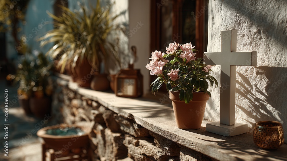 Fototapeta premium Peaceful Mediterranean garden ledge with terracotta pot of pink flowers, white stone cross, and potted plants along sunlit stone wall in spiritual home setting