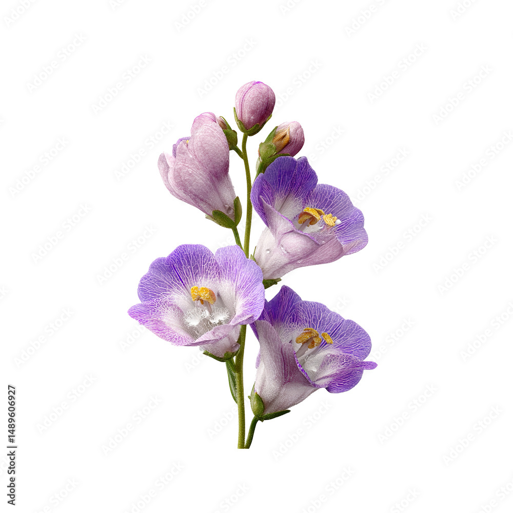 Fototapeta premium Delicate Purple and Pink Flowers with Water Droplets on white background