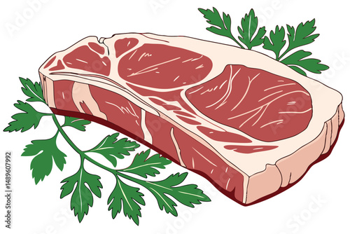 111 closeup of a pork meat chop, fresh raw pork chop, pork loin cut, green parsley leaves around the meat, white background, high contrast, detailed, realistic, vivid colors