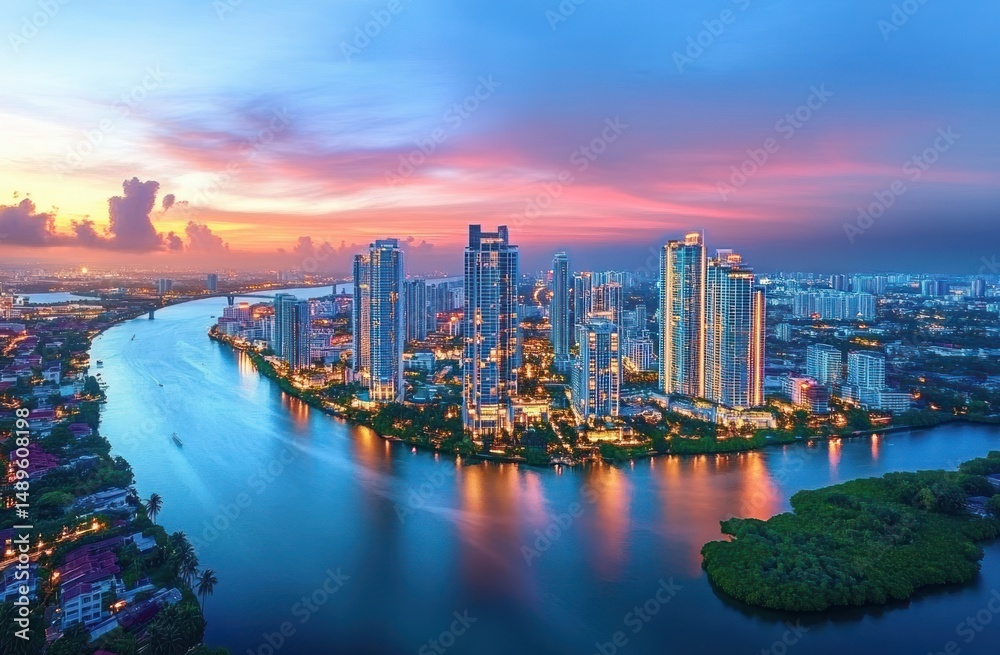 Obraz premium Aerial view of modern city skyscrapers and waterfront buildings illuminated at dusk with a river curving through the urban landscape under a colorful sunset sky