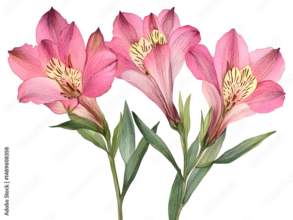 Obraz premium Three delicate pink Alstroemeria flowers with green leaves are artistically illustrated on a white background in a watercolor style.