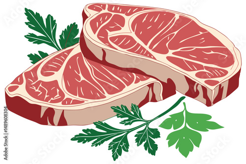 111 closeup of a pork meat chop, fresh raw pork chop, pork loin cut, green parsley leaves around the meat, white background, high contrast, detailed, realistic, vivid colors