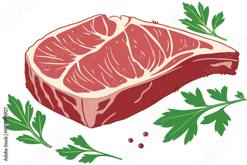 111 closeup of a pork meat chop, fresh raw pork chop, pork loin cut, green parsley leaves around the meat, white background, high contrast, detailed, realistic, vivid colors