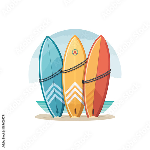 Three colorful surfboards are standing upright on the sand, ready for a day of surfing, with a transparent background