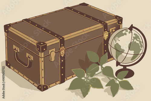 113 old vintage leather suitcase, world globe, green plant leaves, 3d render, detailed, highly detailed, photorealistic, cinematic lighting, depth of field, 8k